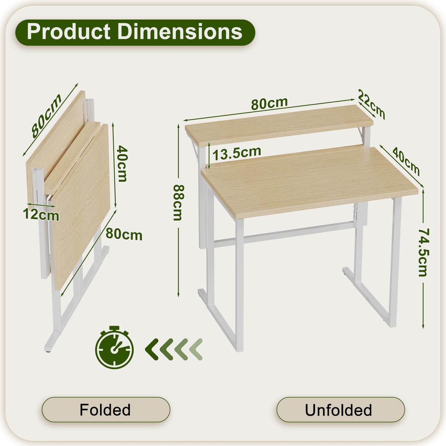 JUMMICO Foldable Desk,Small Desk with Monitor Shelf,2-Tier Folding Table for Home, Office, School, Computer Desk for Small Space,Oak