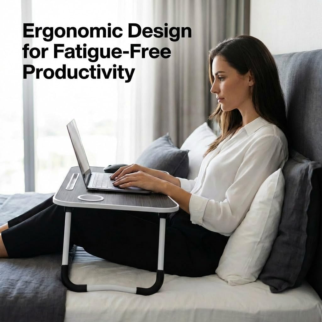 GnohGnoh Folding Lap Desk, 23 Inch Portable Wood Deep Black Laptop Bed Desk Lap Desk with Cup Holder, for Working Reading Writing, Eating
