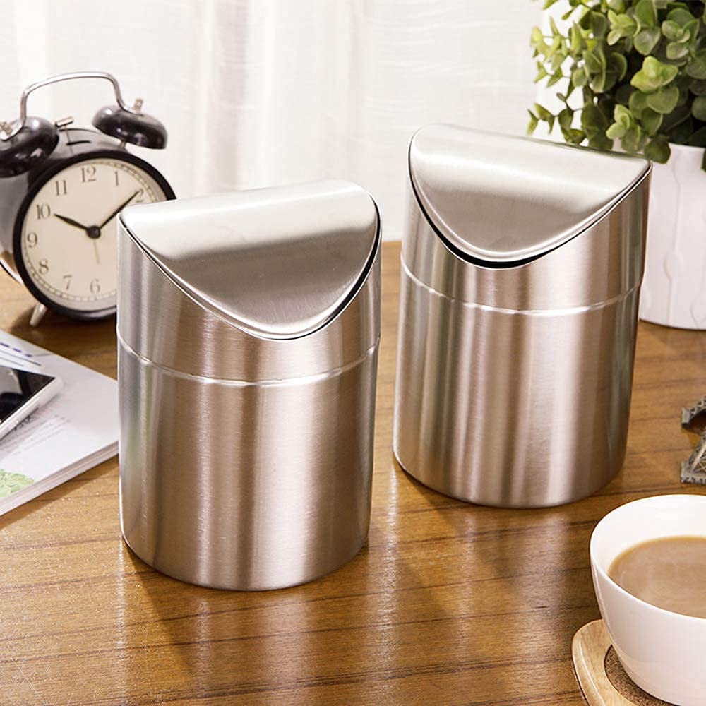 ETRAVEL Mini Desktop Bin with Lid, Brushed Stainless Steel Swing Bin, Nappy Bin Small Desk Indoor Dust bins Car Bathroom Kitchen Waste Containers