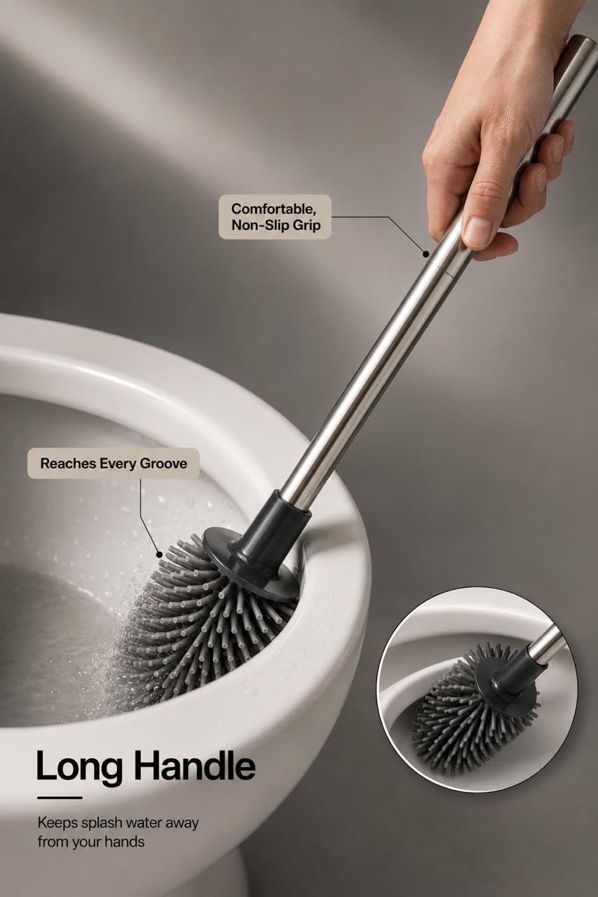Silicone Toilet Brush and Holder Set | Freestanding or Wall Mounted Loo Brush | Hygienic TPR Bristles with Hidden Tweezers | White | Galatians®