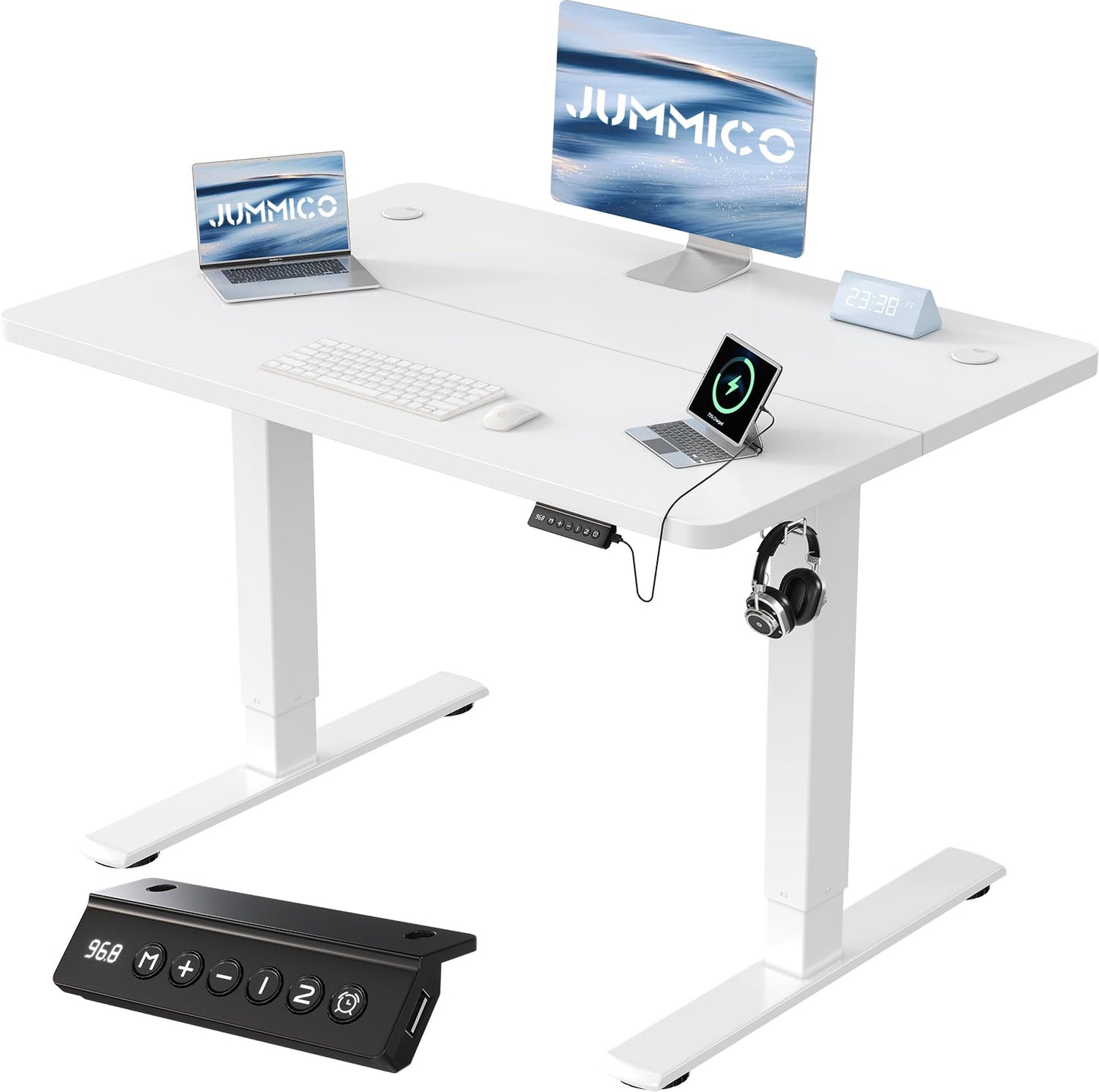 JUMMICO 100x60cm Electric Standing Desk with USB Charging Height Adjustable Desk with Sedentary Reminder Stand Up Desk with Splice Board for Home