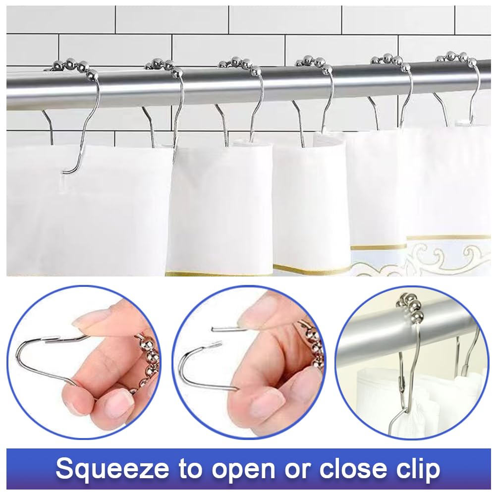 12 Pcs Stainless Steel Shower Curtain Hooks, Shower Curtains Rings, Shower-Rod Rail Rings for Bathroom Curtains Rods, Easy To Open, Close & Install