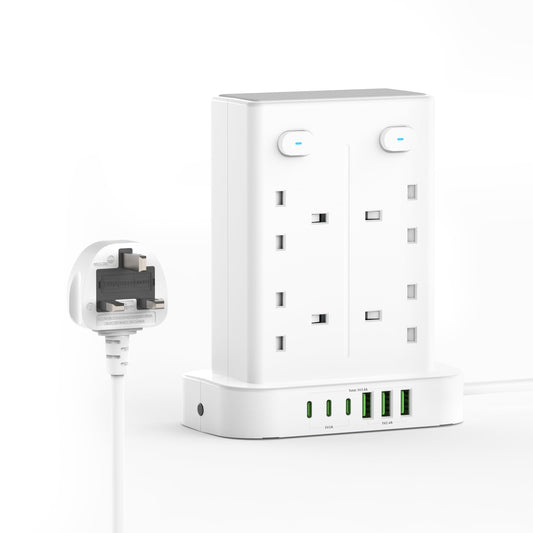 Tower Extension Lead with USB Slots, 8 Way Sockets(13A 3250W) Multi Plug Extension Tower with 3 USB C and 3 USB A, 4 Independent Switches, 1.8M Power