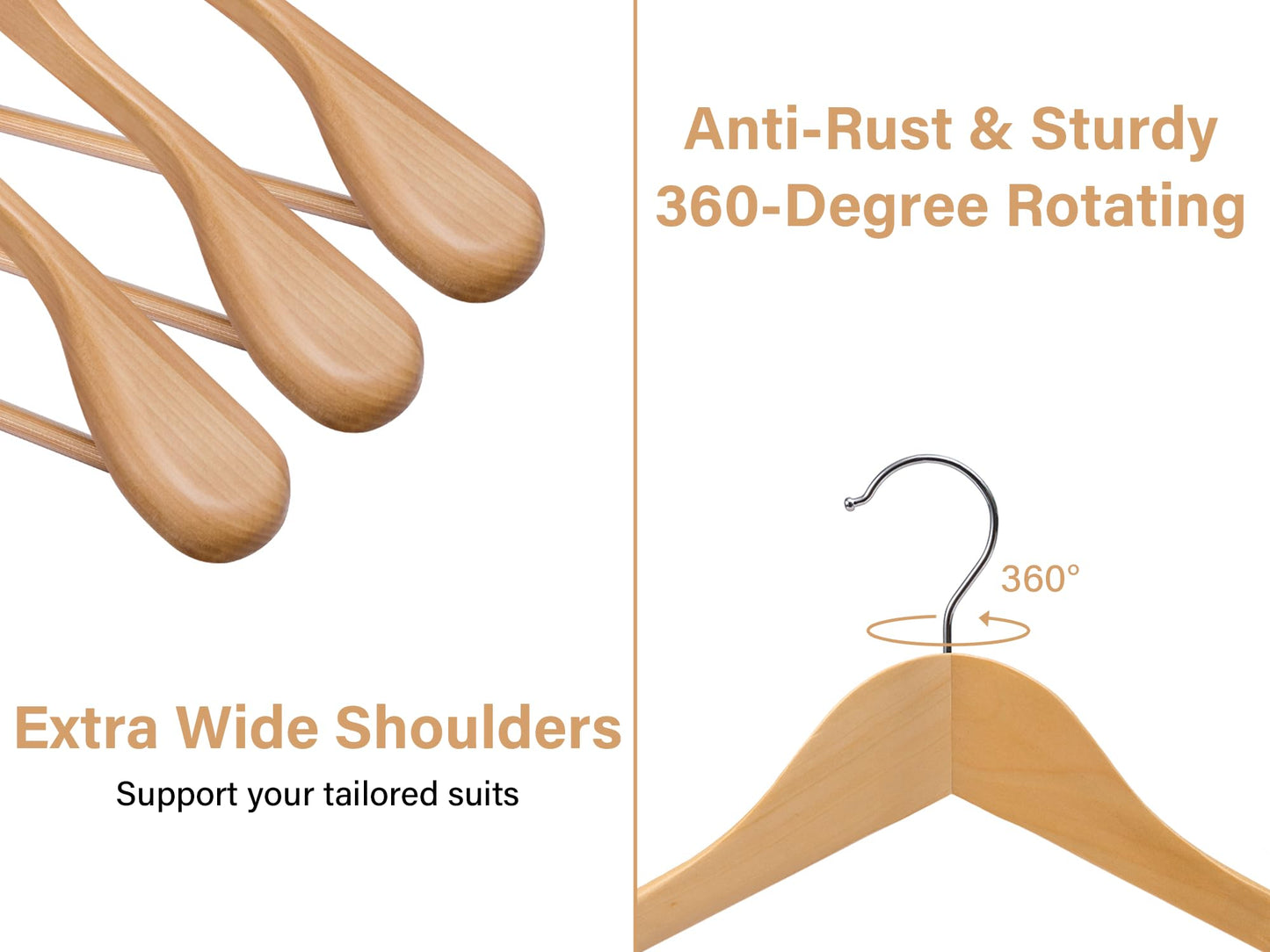 StorageWorks Wooden Suit Hangers, Wooden Coat Hangers Adult for Wardrobe, Extra Wide Shoulder Natural Wood Hanger for Duty Suit, Coats