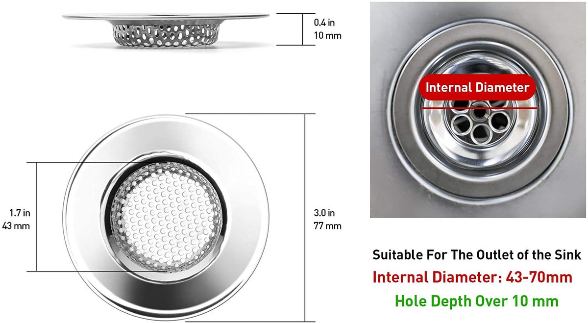 Qinglele 2pcs Kitchen Bathroom Sink Strainer, Stainless Steel Drain Filter, Thicker, Outer Diameter 3 Inch/77mm Small Size