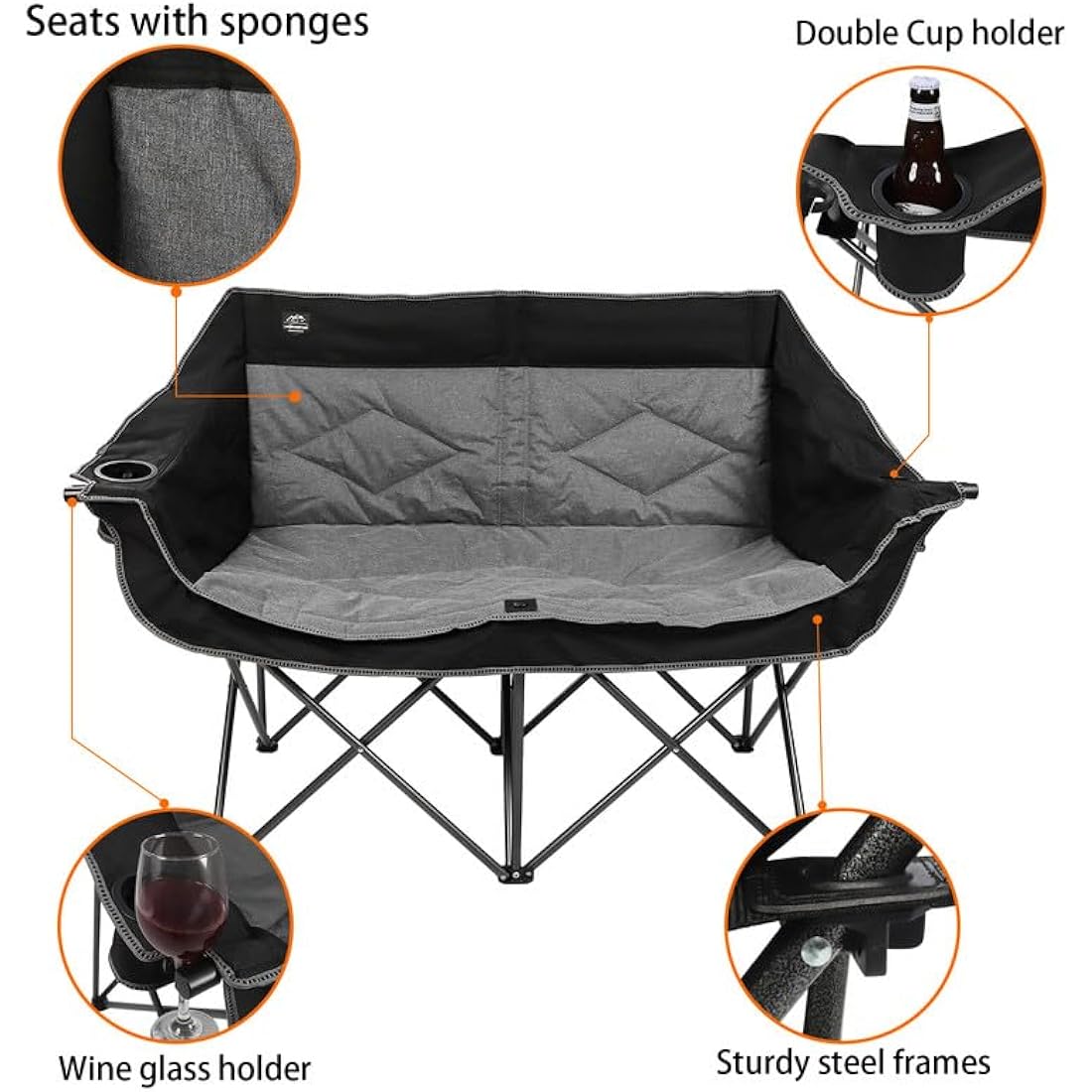 LANMOUNTAIN Folding Loveseat Camping Chair, Portable Double Chair w/Cup Holder,Wine Glass Holder,Carry Bag Heavy Duty Lawn Chair for 2 Adults,Perfect for Camp,Hiking,Picnics and Beach Trips,Black