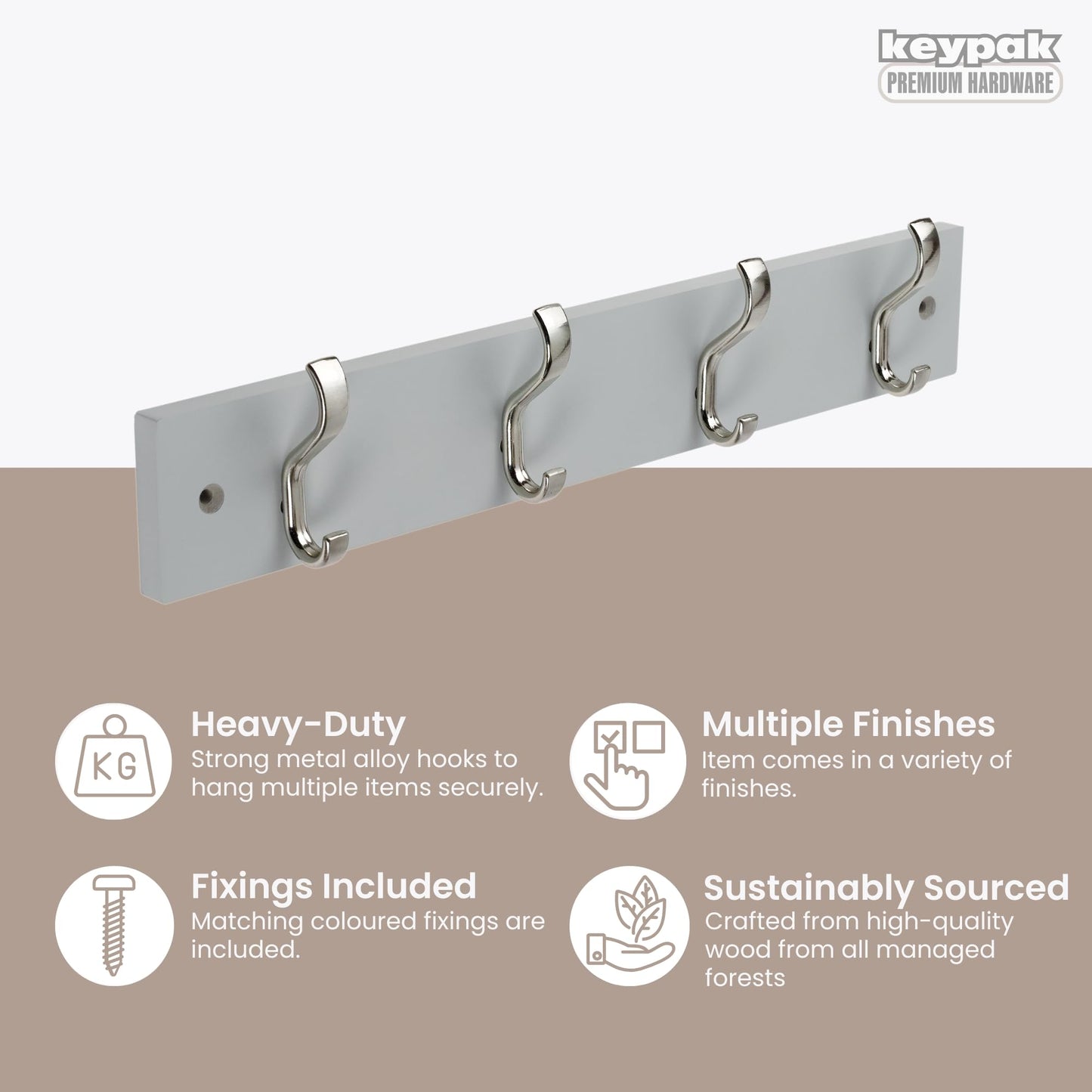 keypak Wall-Mounted Coat Rack – 4 Nickel Hooks on Stylish 38cm Grey Wood