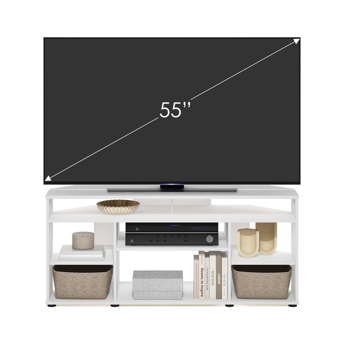 Furinno JENSEN TV Stand, Corner Entertainment Center, TV Console for TV up to 55 Inch, for Living Room, Bedroom, White