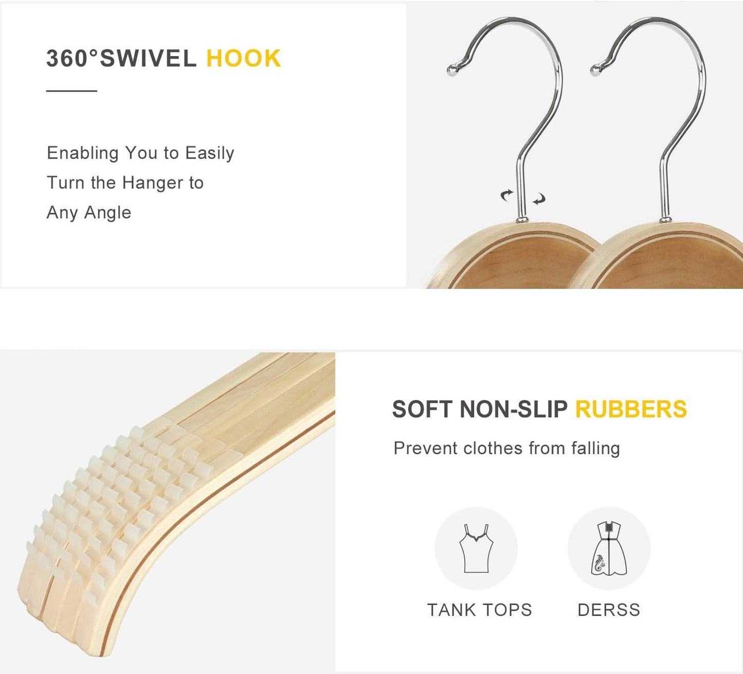 TOPIA HANGER Slim Natural Wood Hangers with Extra Soft Non-Slip Rubber Grips, 30-Pack High-Grade Fashion Hanger No Shoulder Bump for Sweaters