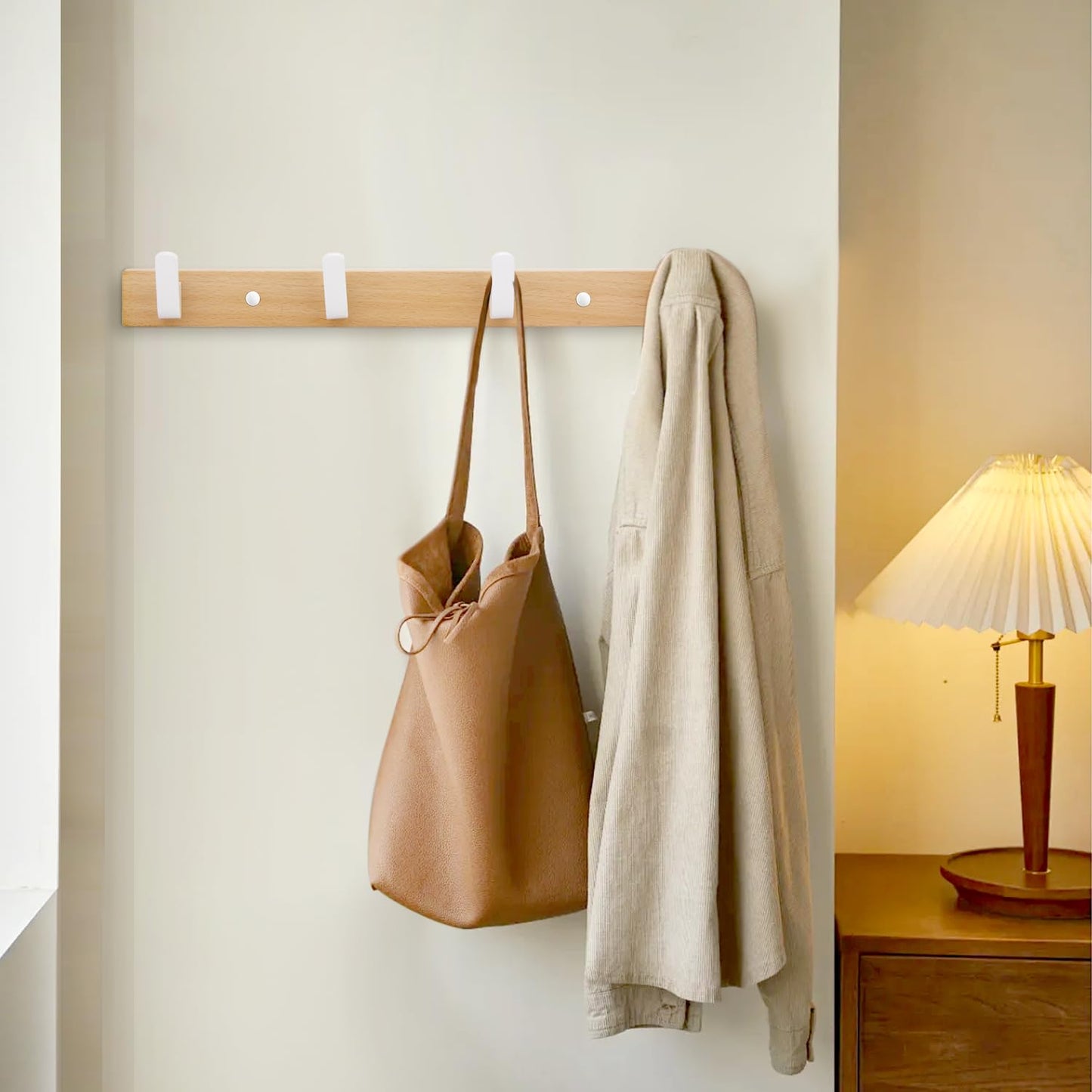 SARIHOSY 5 in 1 Row Clothes Rail Wall Mounted Towel Holder, Coat Rack for Wall Wooden Bar White Wooden Coat Pegs Wall Mounted Decorative Coat Rack