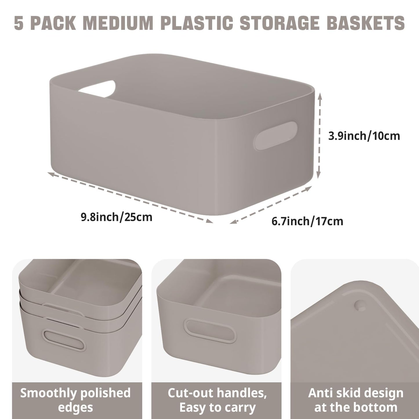 W&H 5 PCS Plastic Storage Baskets, Medium Storage Boxes with Handle, Rectangular Home & Kitchen Organiser, Plastic Baskets for Bathroom, Shelves