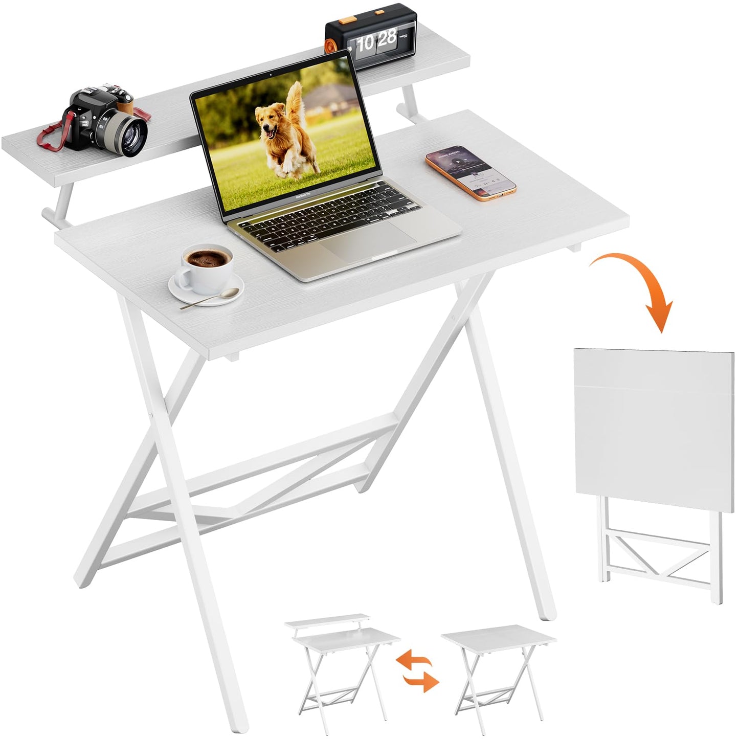 WOHOMO Folding Table with Monitor Stand, Foldable Computer Desk, White
