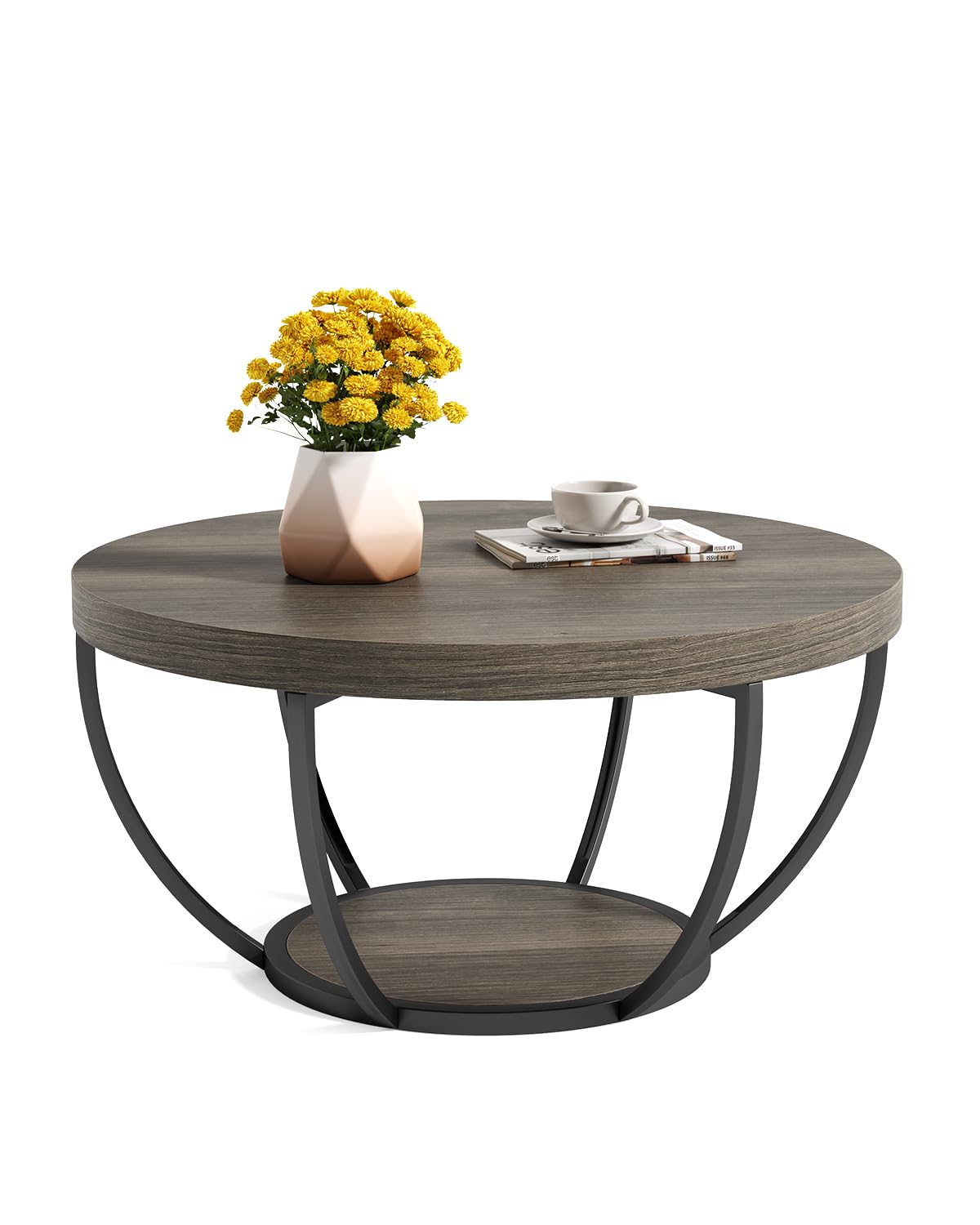 LITTLE TREE Round Coffee Table, 32 Inch Round Coffee Table for Living Room, 2 Tier Wooden Side Center Table with Open Storage
