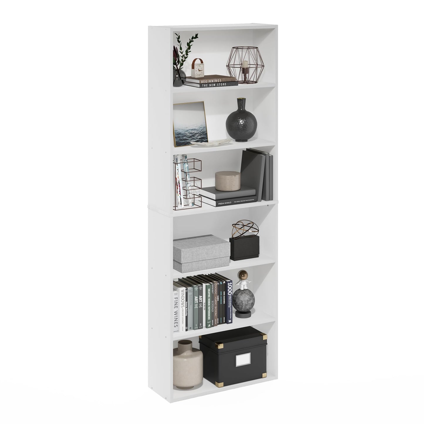 Furinno JAYA Book Shelf, 6-Tier Bookshelf, Free Standing Bookcase with Open Storage, 9.5 x 24.6 x 71, for Living Room, Bedroom, Home Office, White