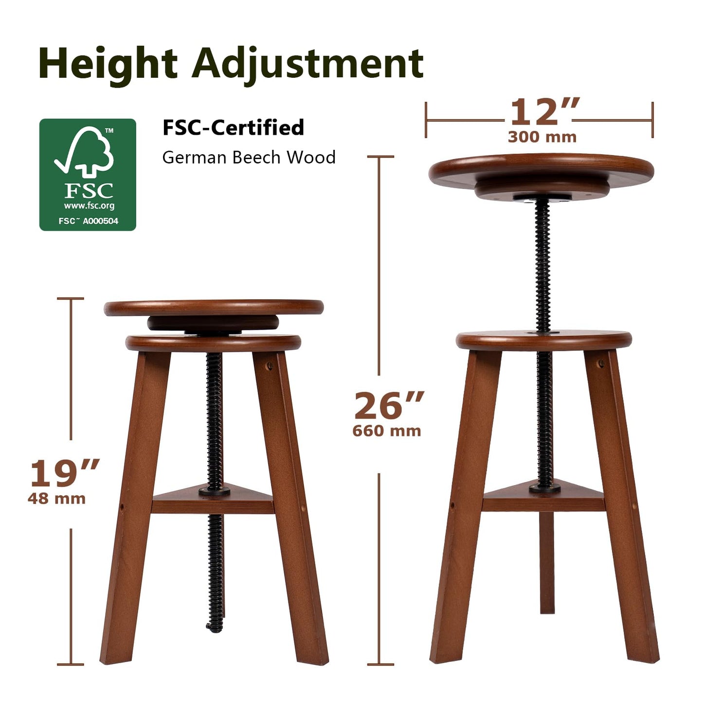 DJAR Wooden Drafting Stool, Adjustable Beech Wood Artist Stool Chair, Swivel Height Adjustable Seat 19"-26", FSC-Certified Wood, Supports 180 Lbs