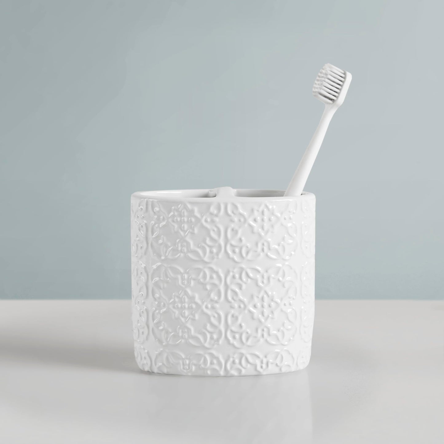 Martha Stewart Ceramic Bathroom Accessories Set, Vanity Decor Storage Organizer, Embossed Damask Medallion, Lotion/Soap Dispenser, Toothbrush Holder