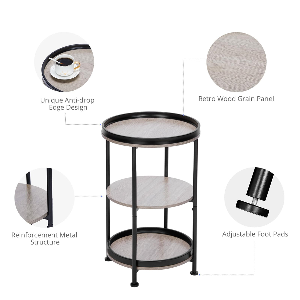 YEAKOO Industrial Nordic End Table, 3-Tier Round Side Table with Storage Shelf Edge Protection Tray