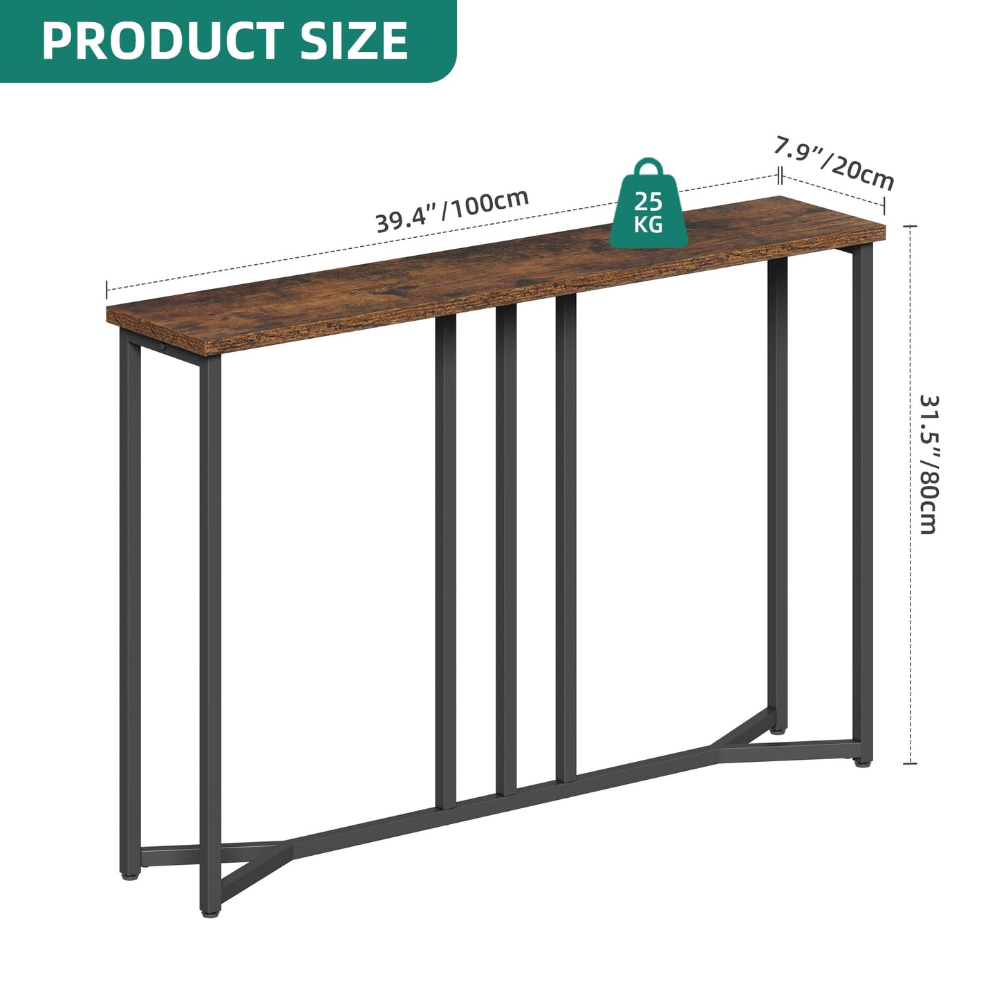 YITAHOME Console Table, 100CM Slim Console Table, Rustic Brown and Black