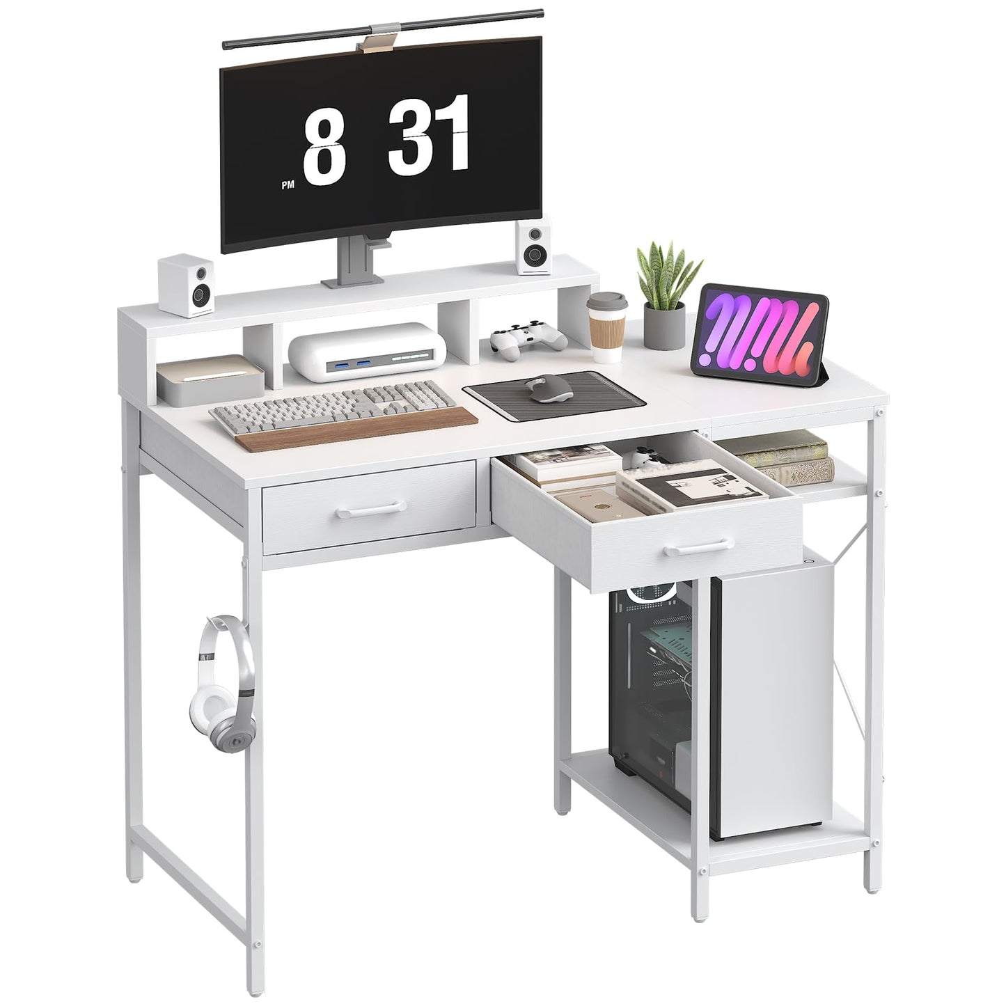 Feonase Ergonomic Computer Desk with Monitor Riser, 2 Under-Desk Drawers, CPU Stand & Hook – MDF Desktop for Home Office, Gaming & Study White