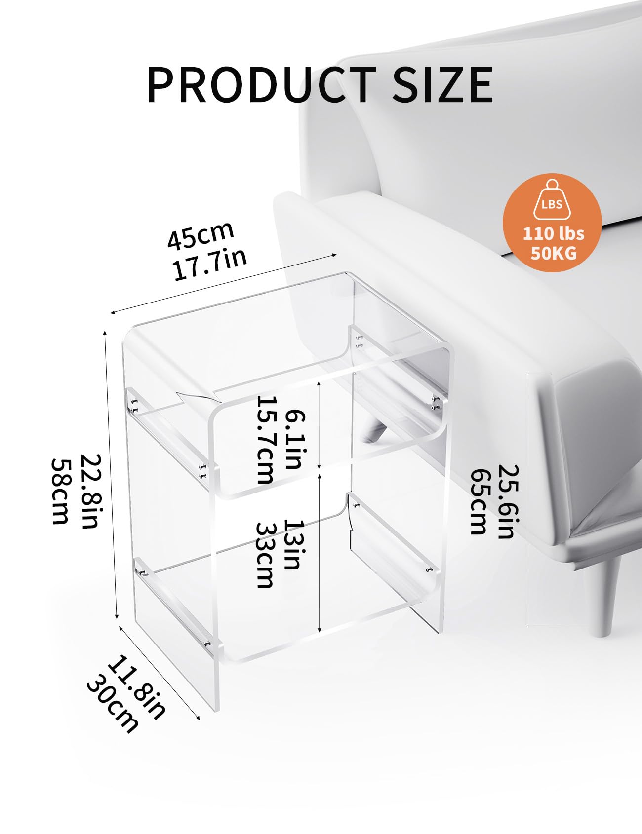 Dewrhiixe Acrylic Record Player Table with Storage Shelf, Clear Side Table, Nightstand (Clear, 45×30×58 cm, Acrylic)