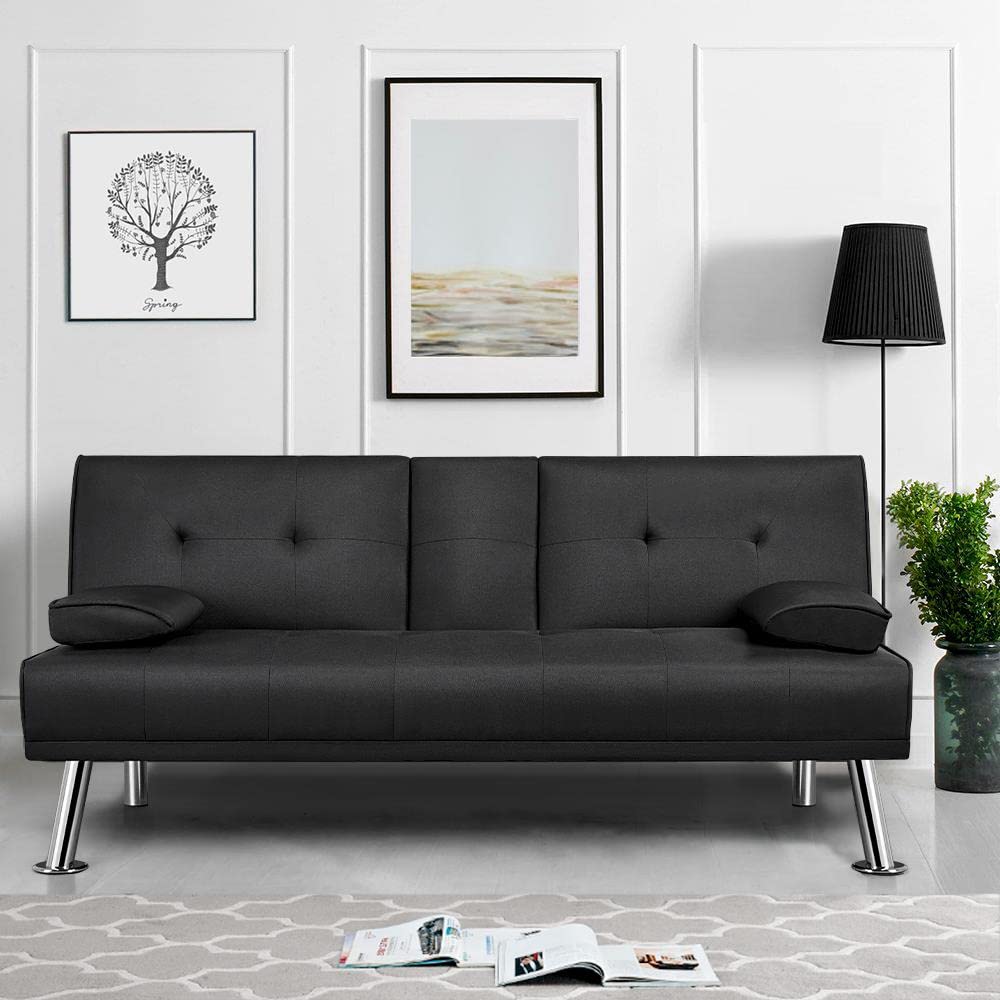 Yaheetech Black 3-in-1 Convertible Sofa Bed with Cup Holder Adjustable Back