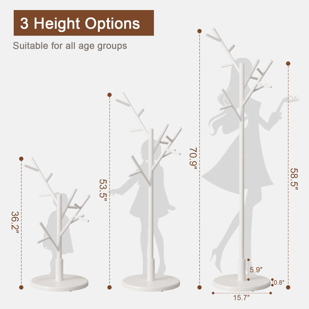 AQIMUELE Coat Stand, Wooden Coat Rack, Freestanding Stand with 12 Hooks, 3 Heights for Clothes, Hats, Bags, Coat Stands for Hallway, Small Space