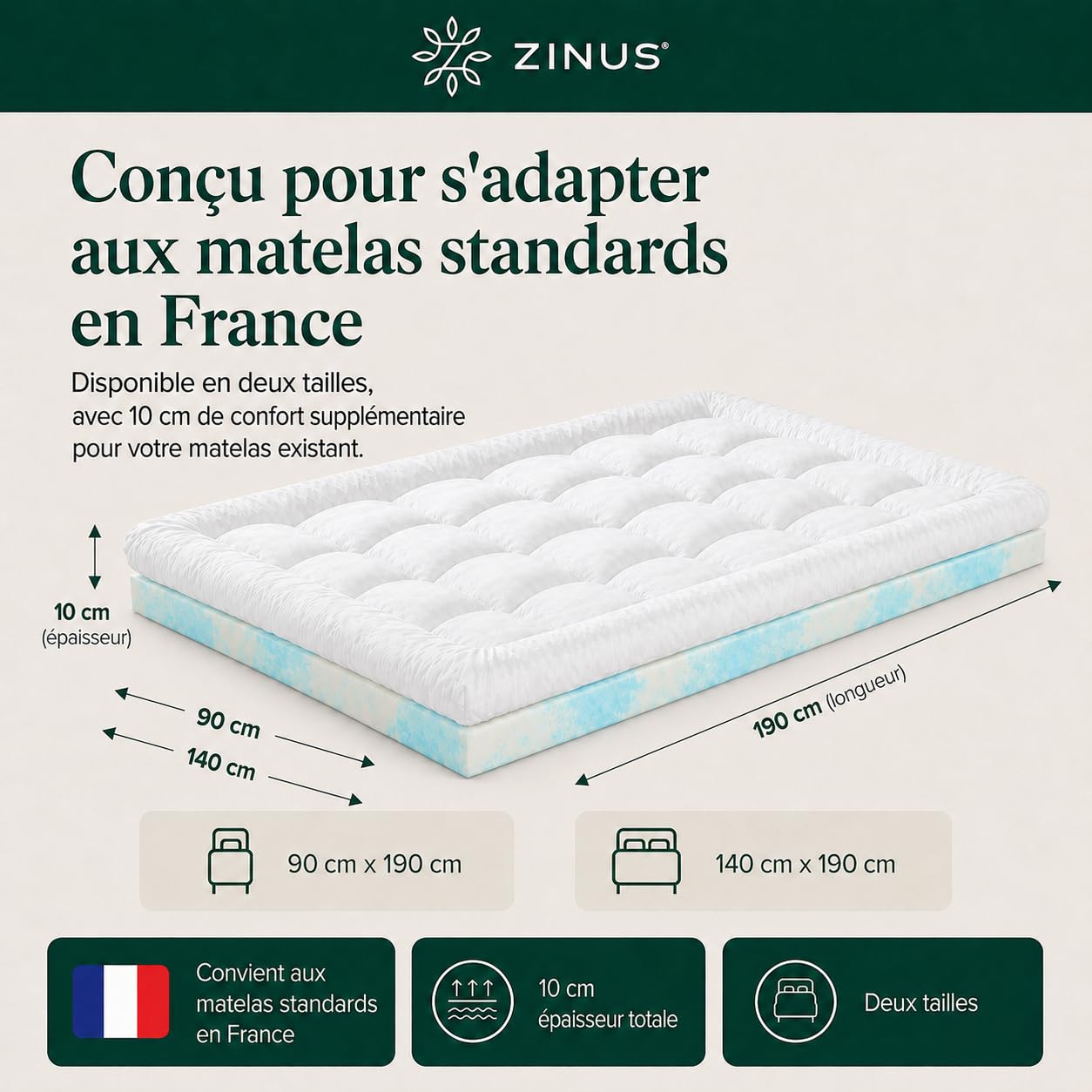 Zinus Bamboo Mattress Toppe Topper, Polyester, White, 190 x 90 cm