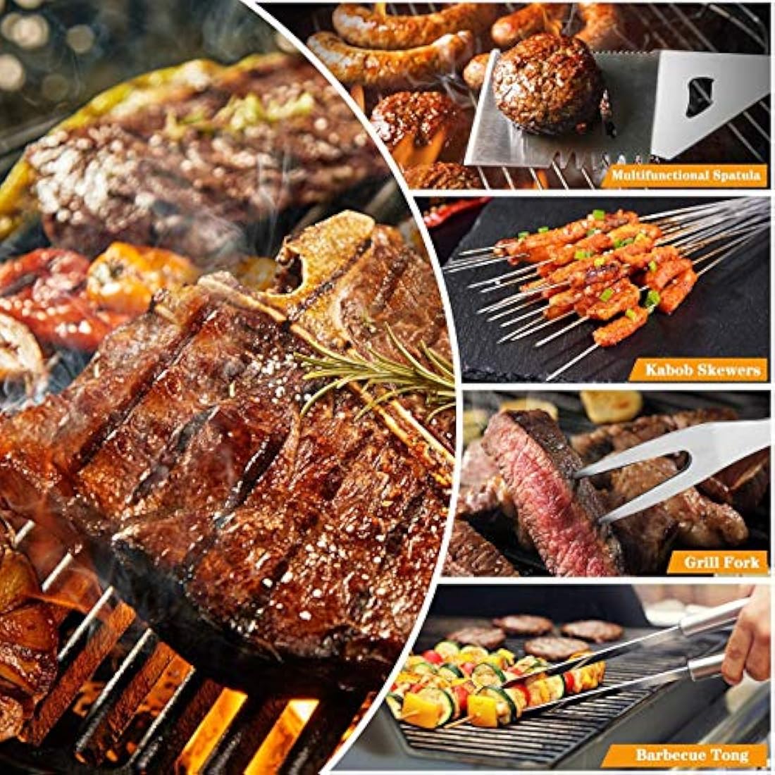 QH7 3Pack BBQ Barbecue Tool Set, Stainless Steel Outdoor Barbecue Grill Utensils Set with Storage Bags for Picnics