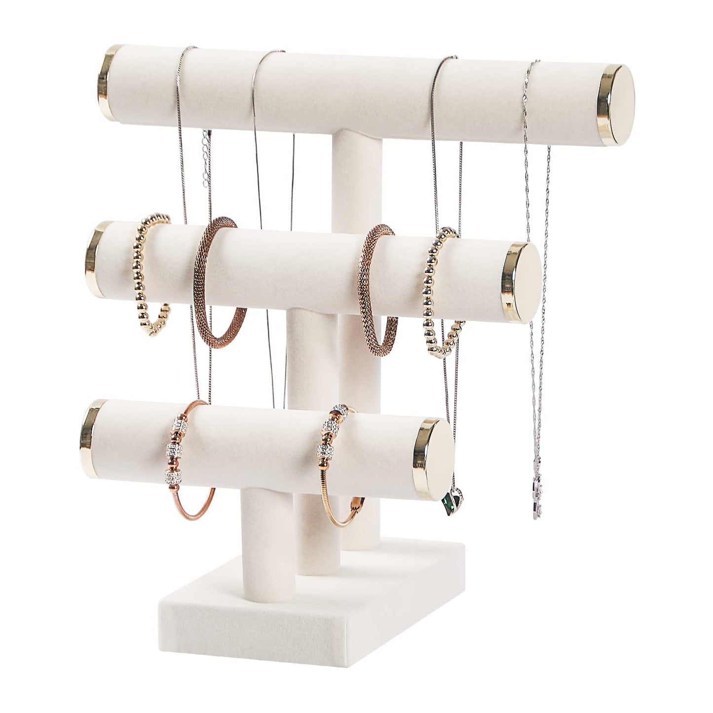 Pengup 3 Tier Bracelet Holder,Bracelet Display Stand with Metal Cap,Beige White Velvet Jewelry Organizer Displays for Necklace Scrunchies Watches