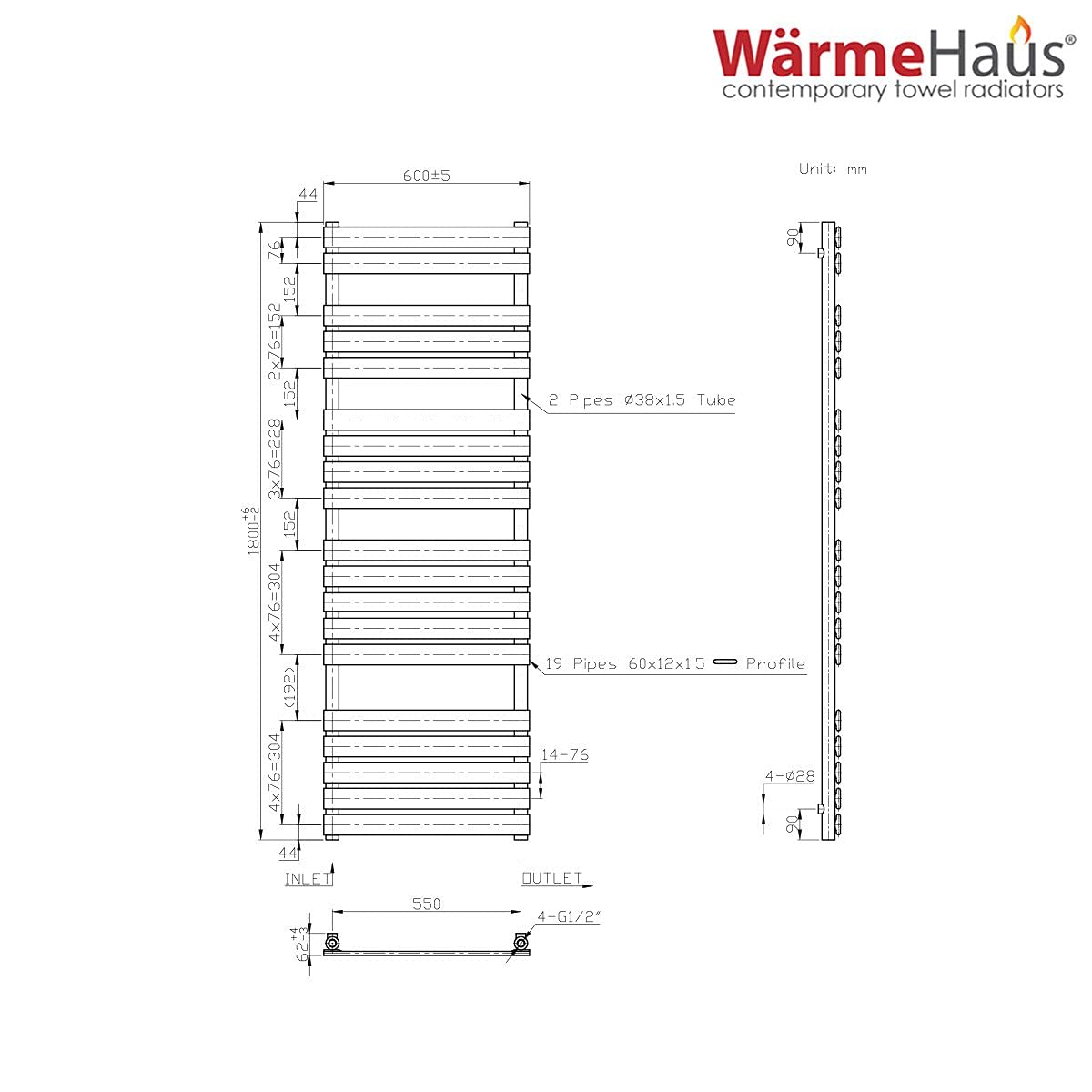 Warmehaus Flat Panel Heated Towel Rail Bathroom Radiator Chrome 1800x600mm