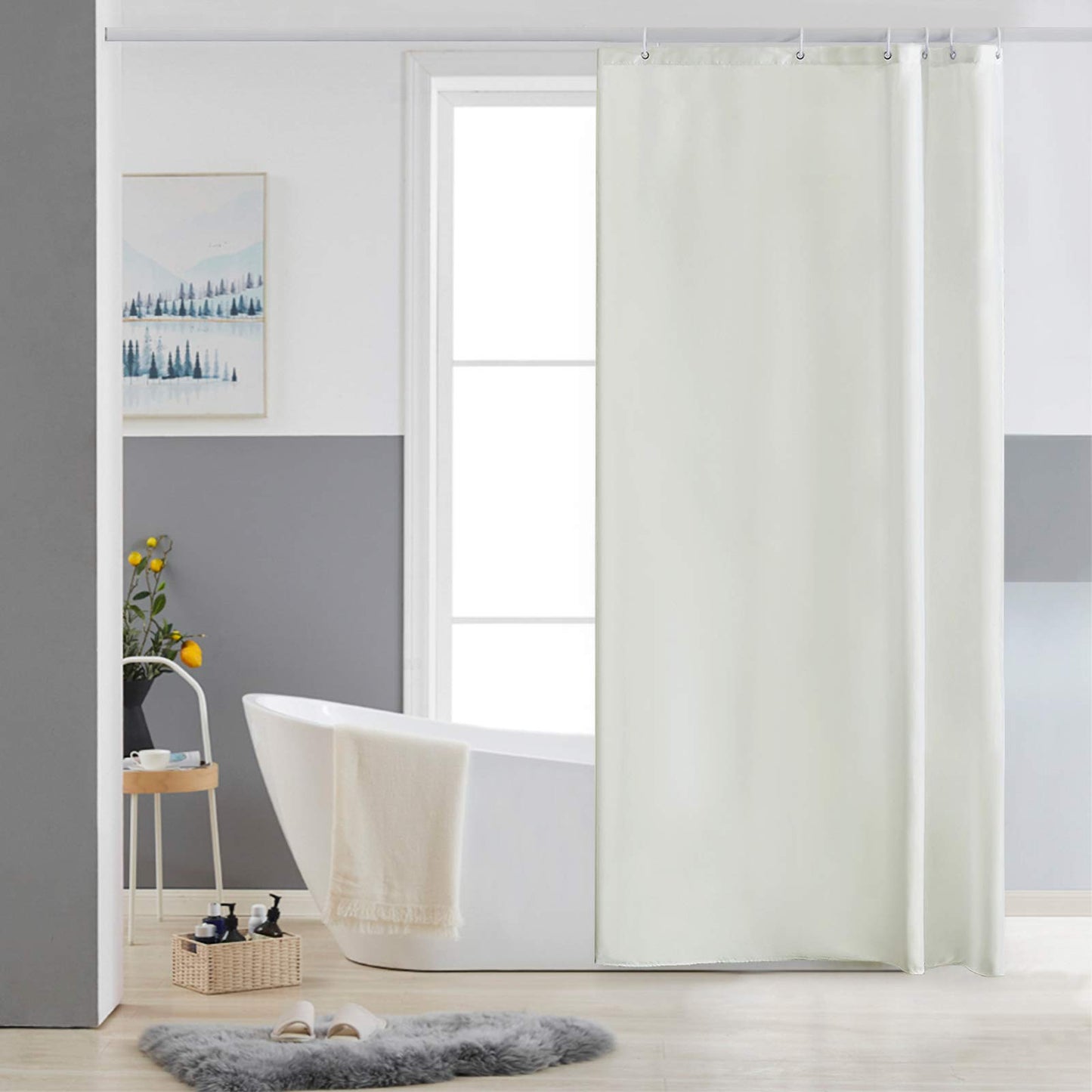 Furlinic Beige Shower Curtain Mould Proof Resistantand Waterproof Washable Polyester Fabric Bath Curtains with Weight Tape 6 Hooks for Wetroom 33x72