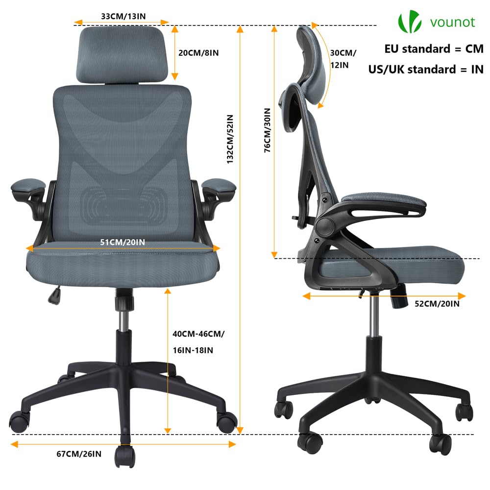 VOUNOT® Ergonomic Office Desk Chair, High Back Computer Chair, Executive Swivel with Adjustable Lumbar Support & Headrest for Home Office, Grey