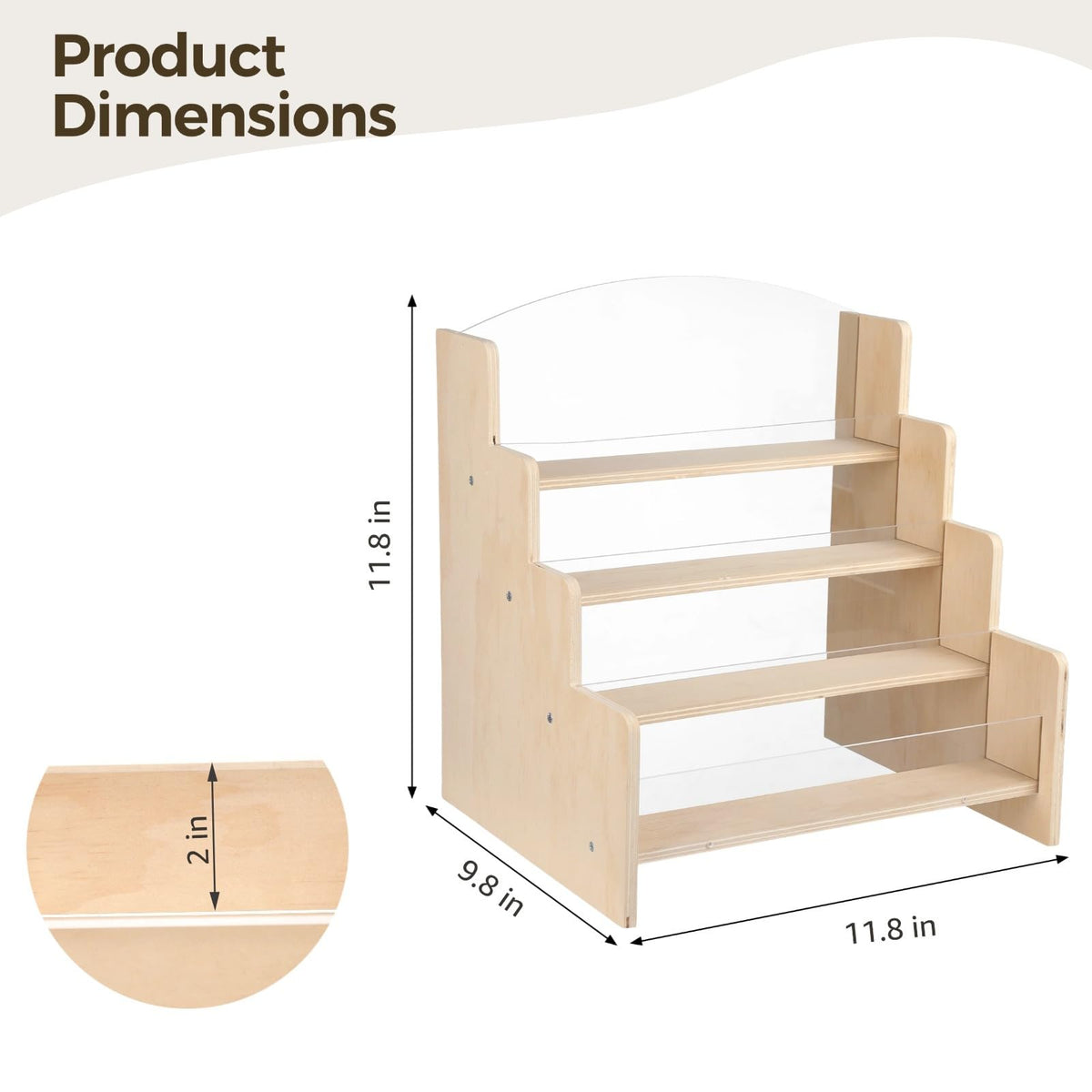 SWEWARM 4-Tier Greeting Card Holder, Wooden Display Shelf with Acrylic Front, Portable Postcard Organizer for Countertop, Blank Retail Rack