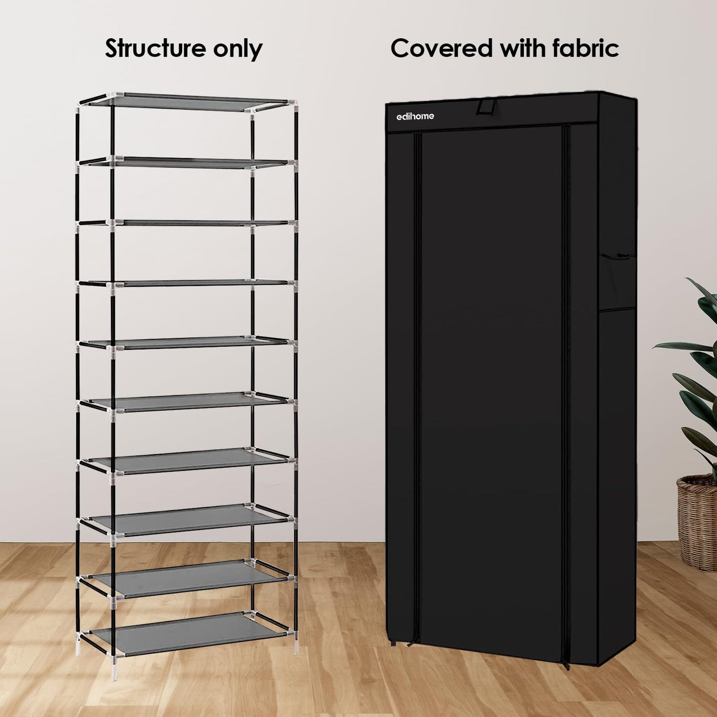 edihome, Fabric Shoe Rack, 9 Levels, Narrow and High Shoe Racks, (58 x 28 x 162 cm) with Outer Cover, with Zip, for Trainers, Heels or Shoes (Black)