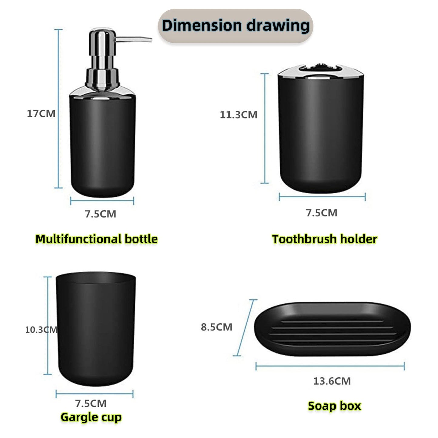 Hosoncovy 4 Pieces Bathroom Accessory Set with Soap Dispenser, Bathroom Cup, Soap Dish ，Toothbrush and Toothpaste Holder (Black)