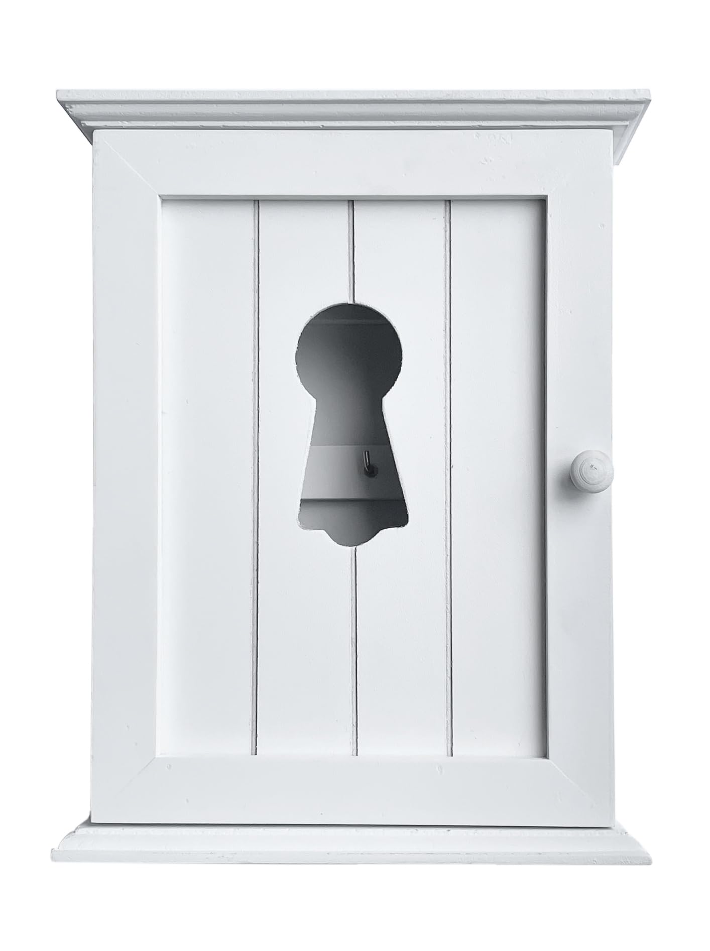 GreyZouq Wooden Key Cabinet Wall Mounted, Keyhole Window Design, Key Holder for Wall with 6 Hooks, Decorative Key Organiser, Magnetic Door Closure