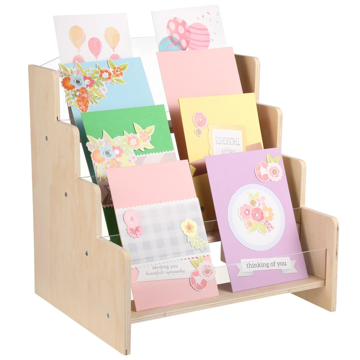 SWEWARM 4-Tier Greeting Card Holder, Wooden Display Shelf with Acrylic Front, Portable Postcard Organizer for Countertop, Blank Retail Rack