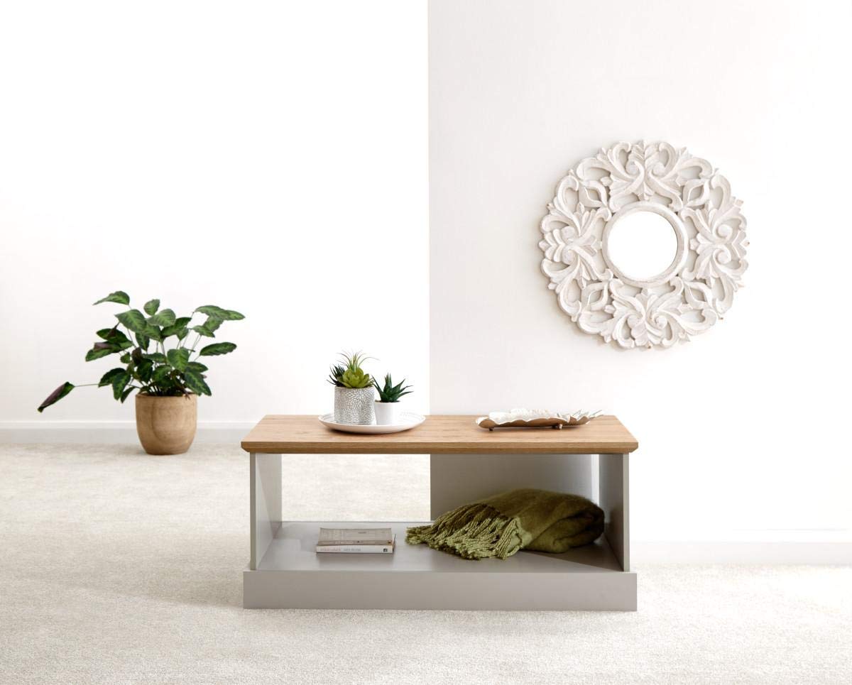 GFW Kendal Coffee Table, Grey and Oak Effect Living Room Table with Open Storage Shelf, Country Style Furniture