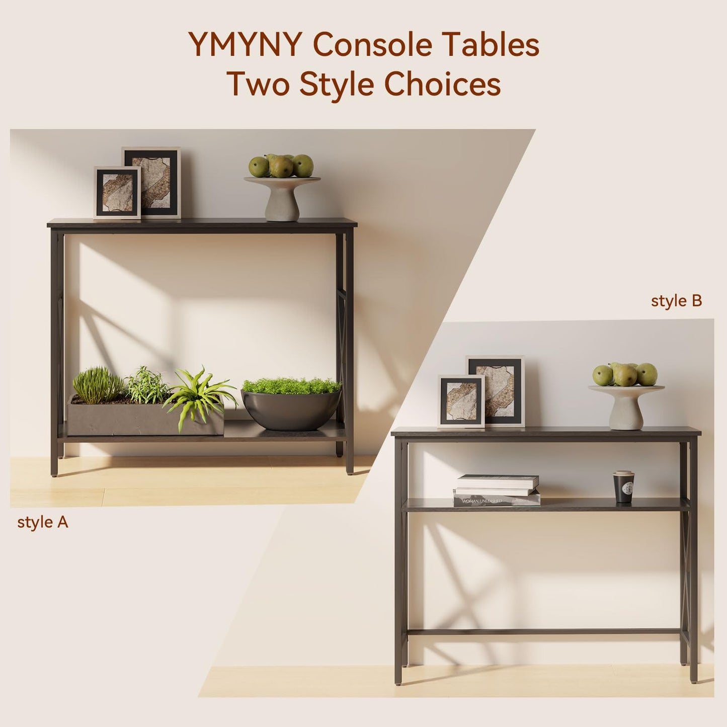YMYNY Console Table Narrow Sofa Table with Shelves Black HST007B