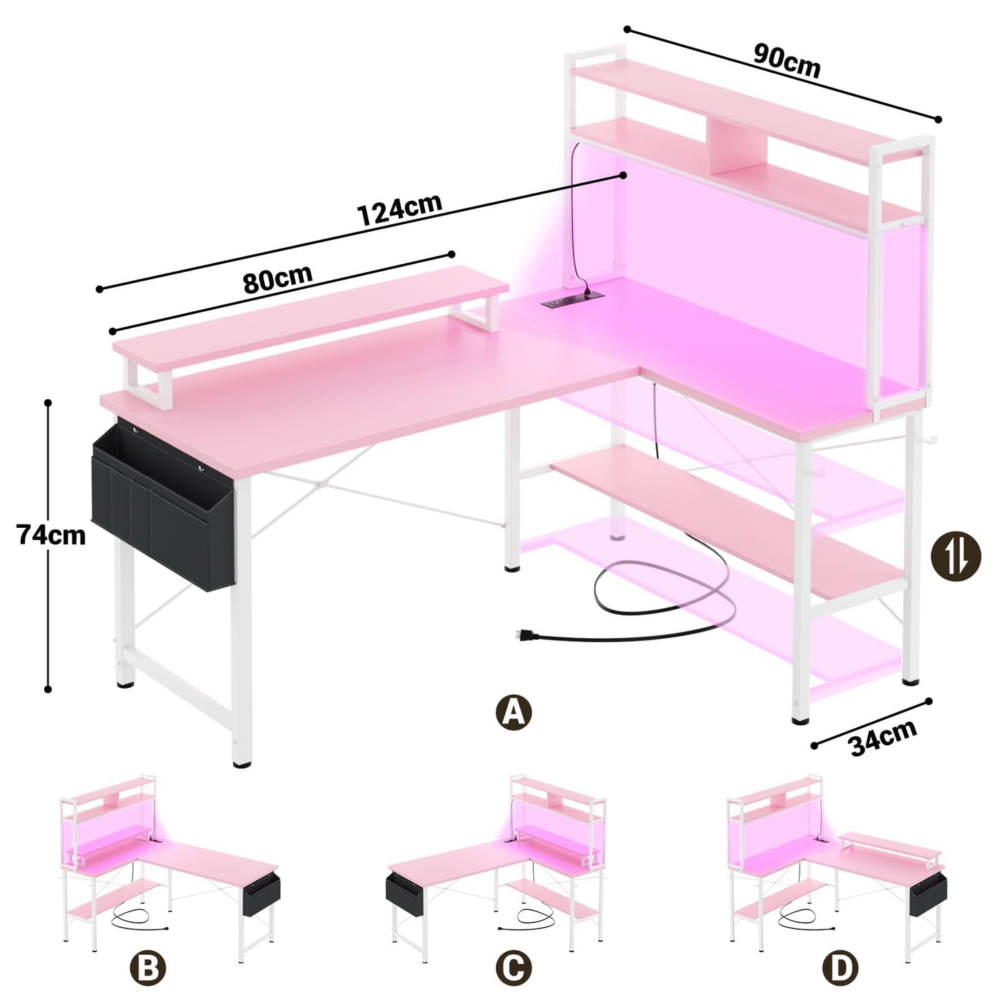 iSunirm L Shaped Gaming Desk with Power Outlets & LED Lights, Small L- Shaped Computer Corner Desk with Monitor Stand & Storage Shelf