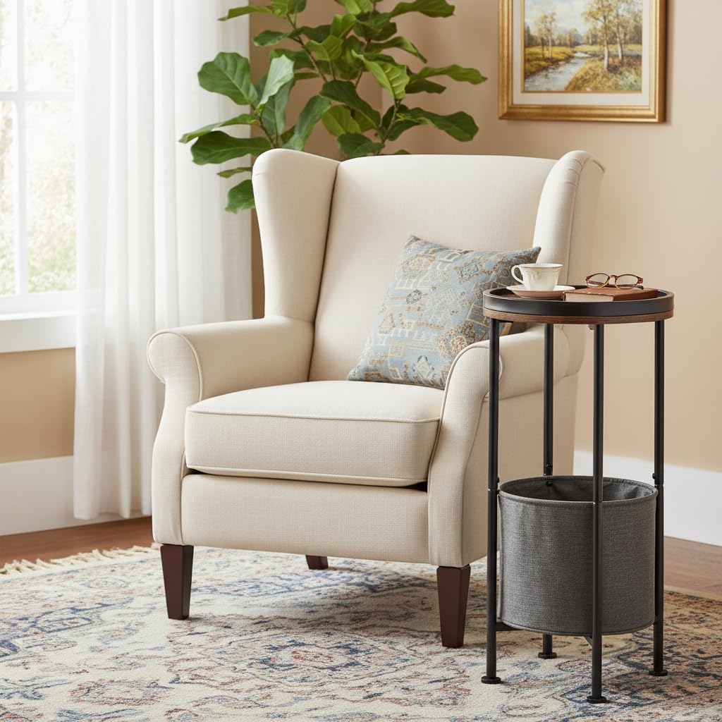 ZEXVIDA Small Round Side Table with Storage Basket, Rustic Brown