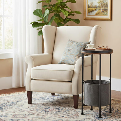 ZEXVIDA Small Round Side Table with Storage Basket, Rustic Brown