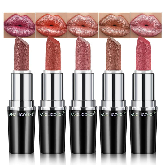 Anglicolor 5 Pieces, Glitter Lipstick, Metallic Shiny Glossy, Shimmer Lipstick, Silky Velvet, Long-Lasting Moisturising, Vegan Lip Gloss for Women and