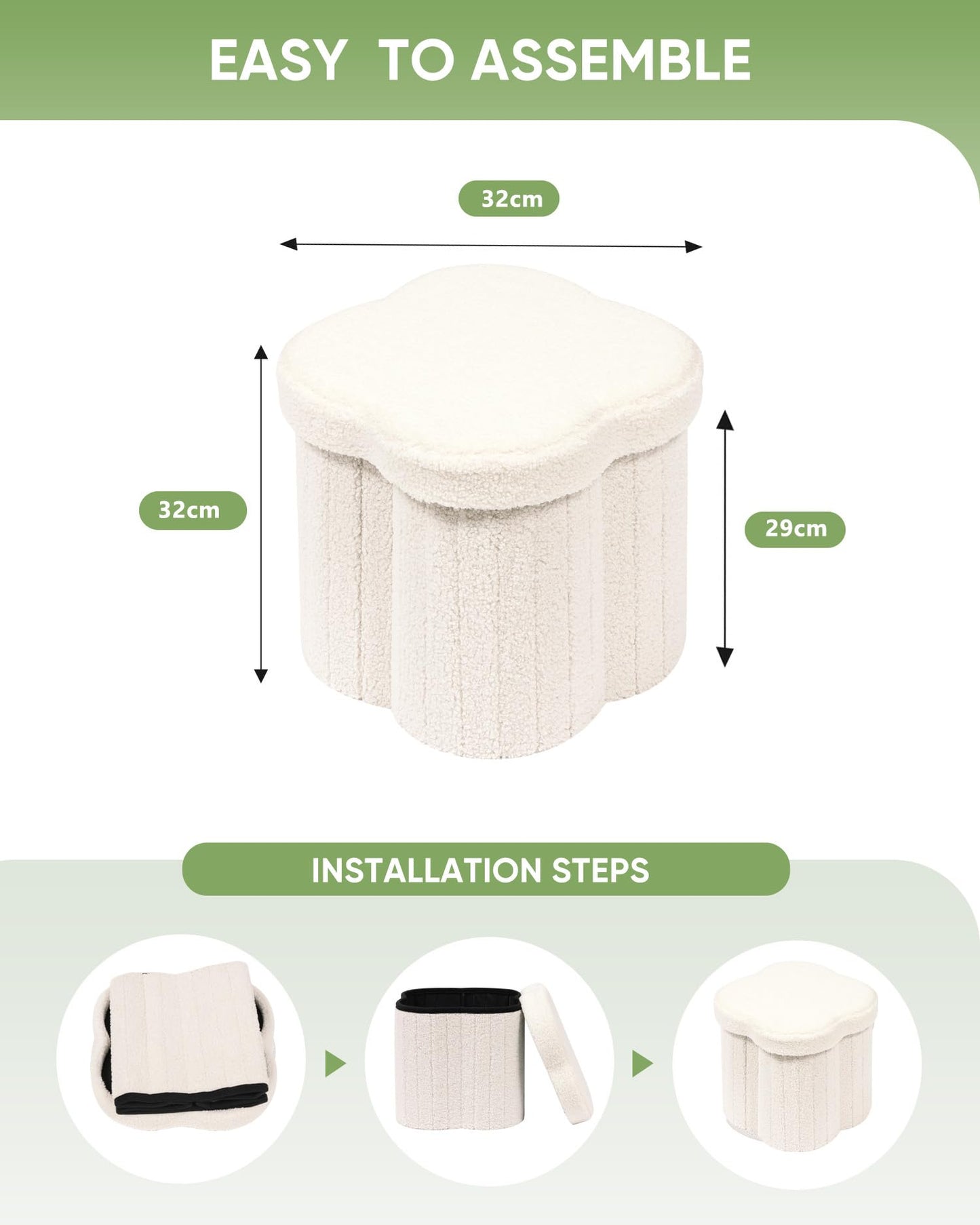 Bonlife Storage Ottoman,Toy Chest Flowers Ottomans with Storage Foot Stool Footrest for Bedroom, Boucle Ottoman Seat for Living Room,Cream 32x32x32cm