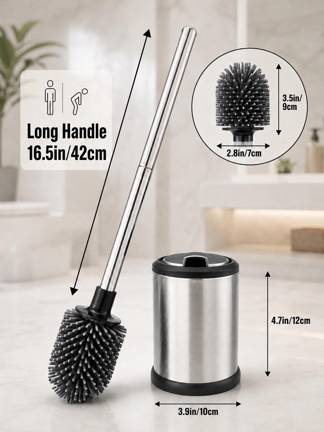 Silicone Toilet Brush and Holder Set | Freestanding or Wall Mounted Loo Brush | Hygienic TPR Bristles with Hidden Tweezers | White | Galatians®