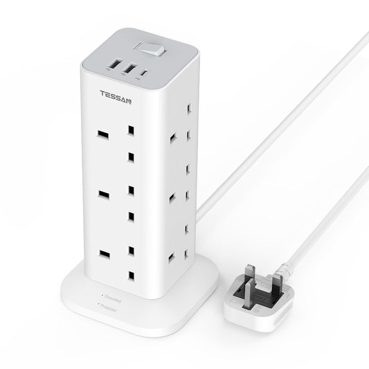 Tower Extension Lead with USB C Slots, TESSAN 12 Way Multi Plug Adaptor with Switch, Surge Protected Power Strip with 2M Cable (13A 3250W) for Home,