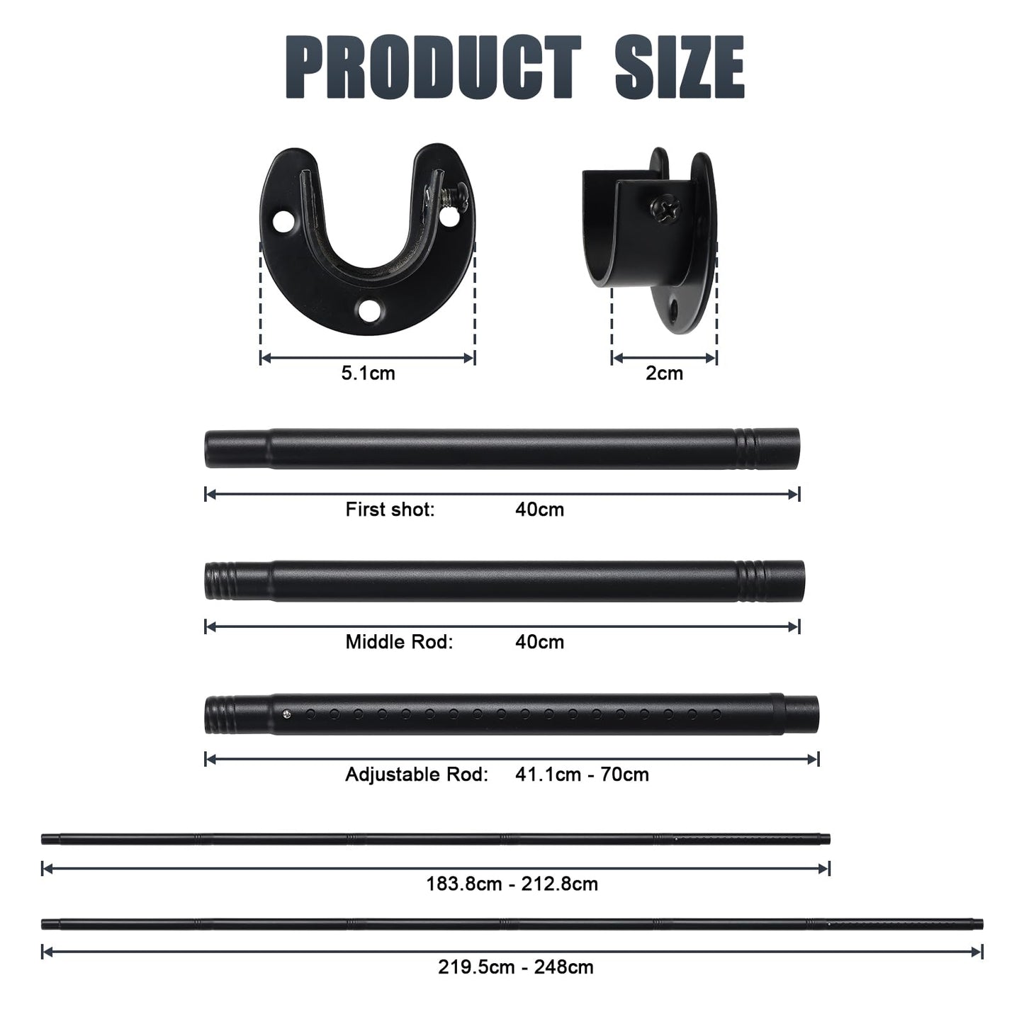 Closet Rods for Hanging Clothes, 40 to 212cm Adjustable Metal Closet Rod, Heavy Duty Extendable Wardrobe Rod