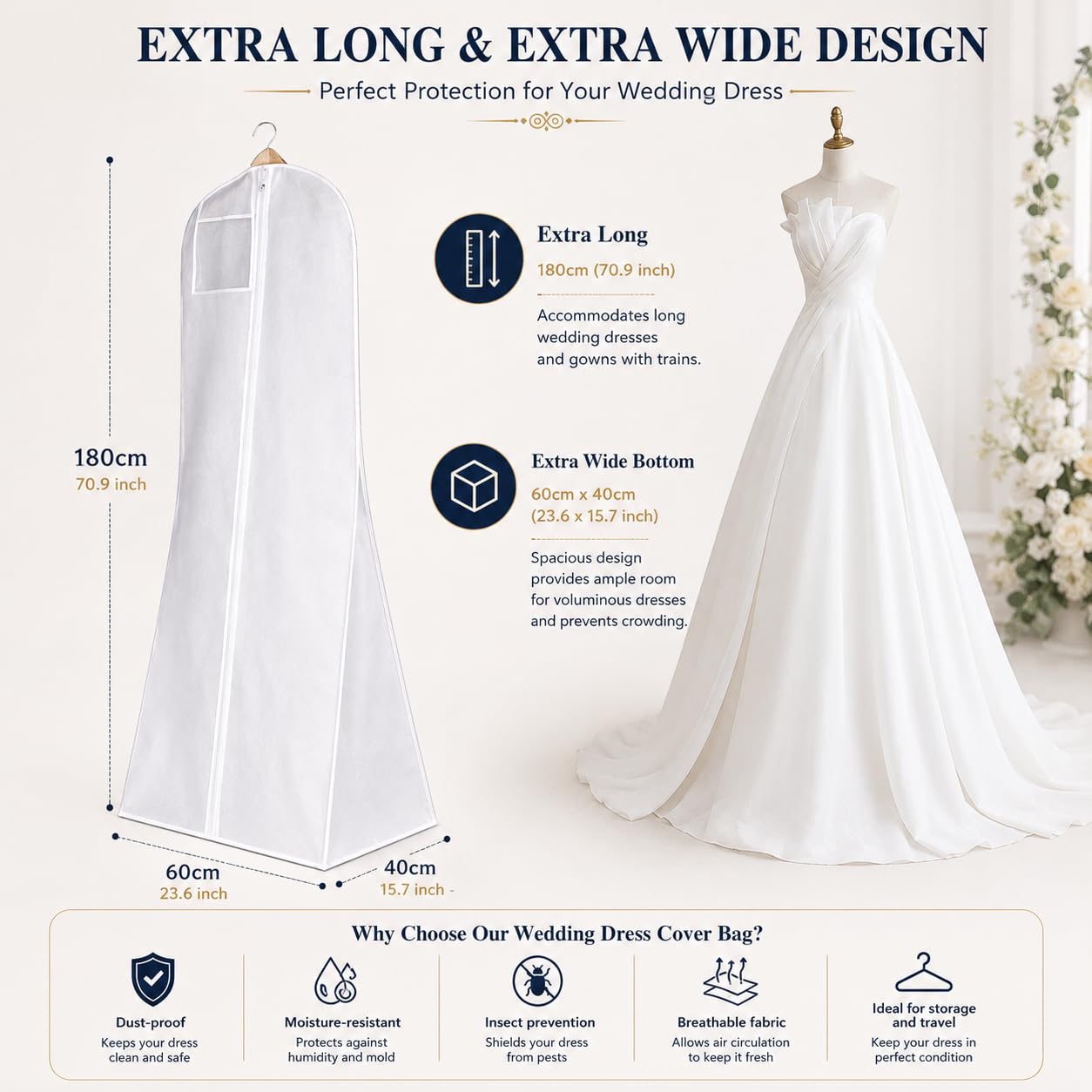 Hanging Wedding Dress Cover 180x60x40cm, Bridal Gown Garment Cover Storage Bag, Full Length Travel Protector for Bridal Dress