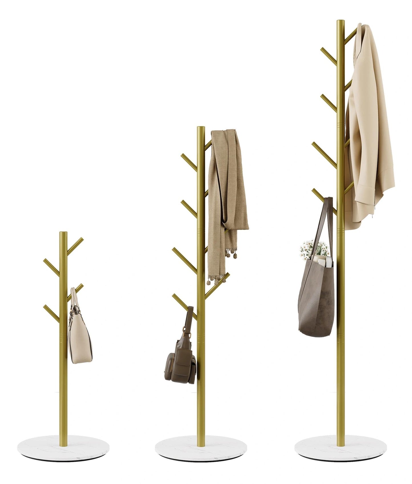 Tujurich Coat Rack with 8 Hooks, 3 Adjustable Heights, Modern Hall Tree, Sturdy Metal Coat Stand with Sintered Stone Base, for Hallway