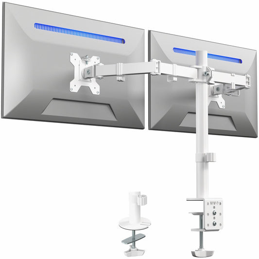 VIVO White Dual 13 to 27 inch LCD LED Monitor Desk Mount Stand with C-clamp and Bolt-Through Grommet, Heavy Duty Fully Adjustable Arms for 2 Screens